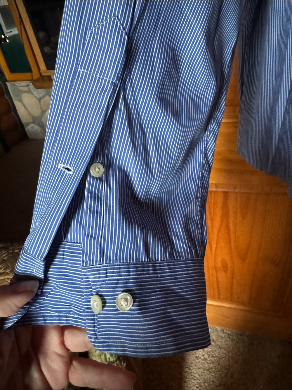 Polo Ralph Blue Cotton Striped Stretch Poplin Button-Down Shirt - Size Large - Picture 4 of 11